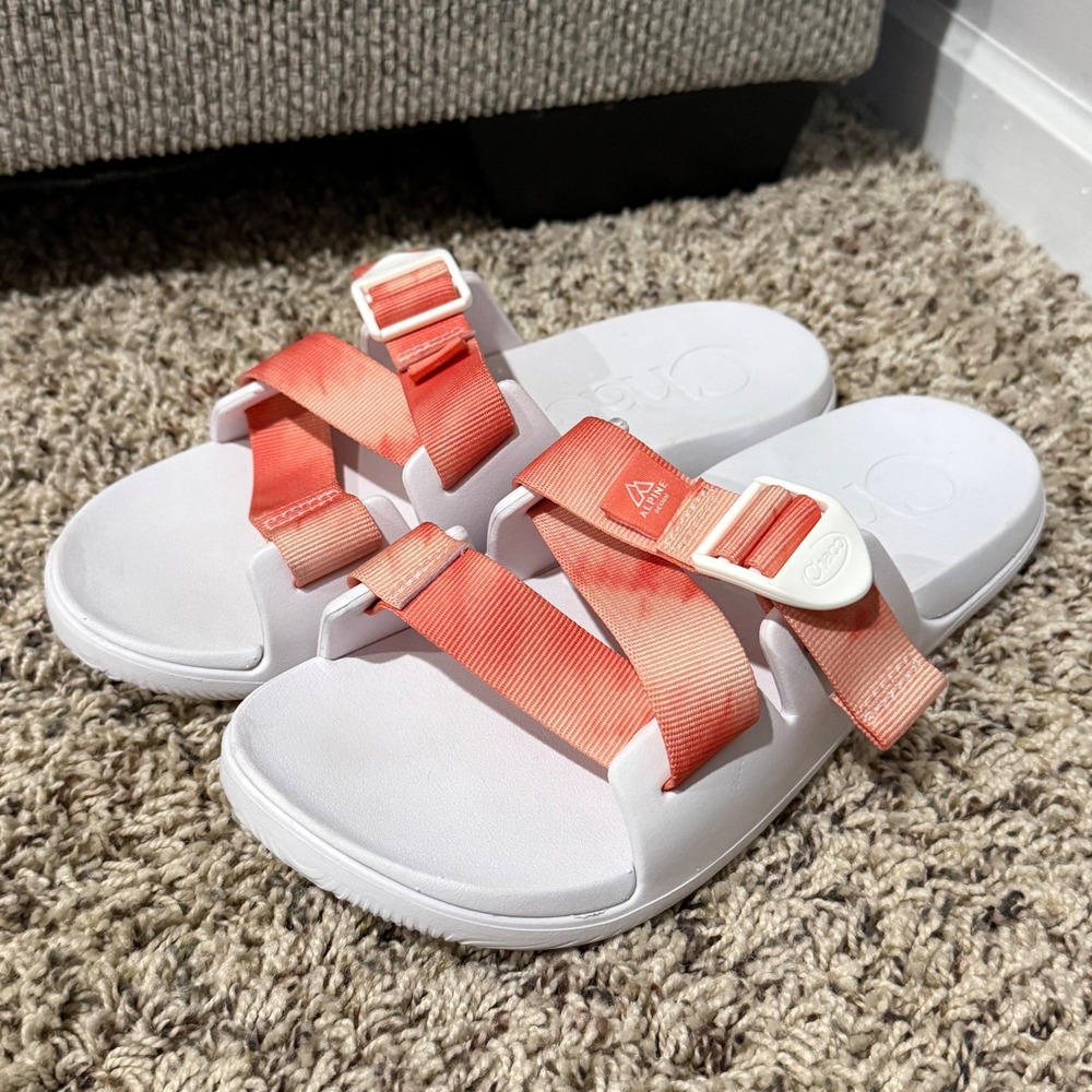 Chaco Chillos Slide Sandals Womens 8 Alpine Design White Orange Tie Dye Strappy